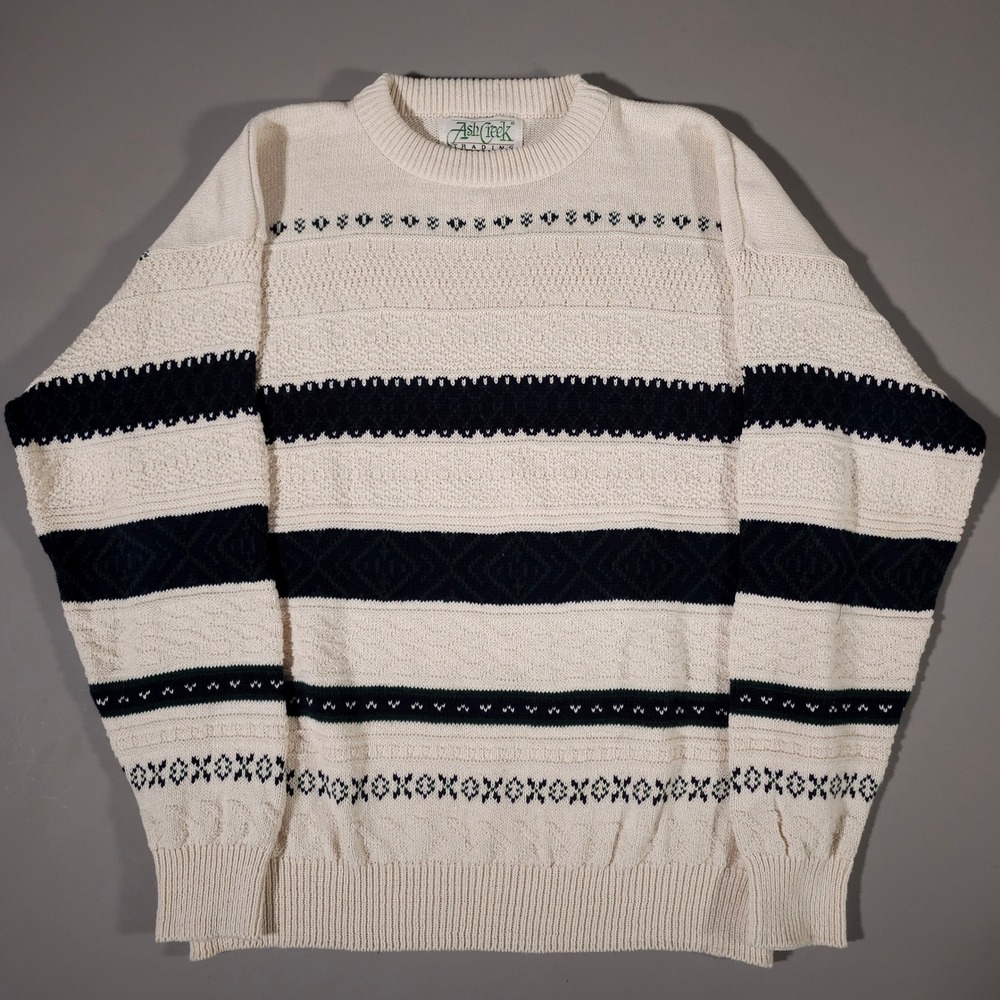 Ash Creek Trading Sweater Mens XL Cream Navy‎ Striped Textured Cotton Knit USA